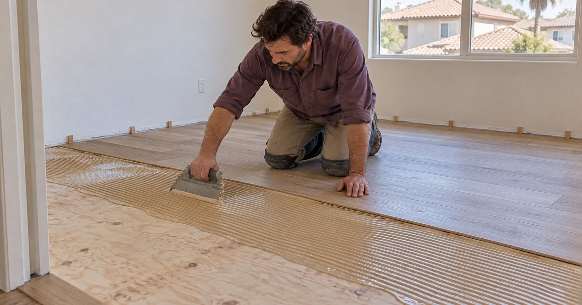 Worker spreading flooring adhesive with a notched trowel ahead of new engineered white oak planks in an upstairs room of an Upland house.