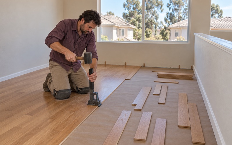 Worker driving a flooring nailer against the tongue of a new solid oak board in an upstairs loft of an Upland house.