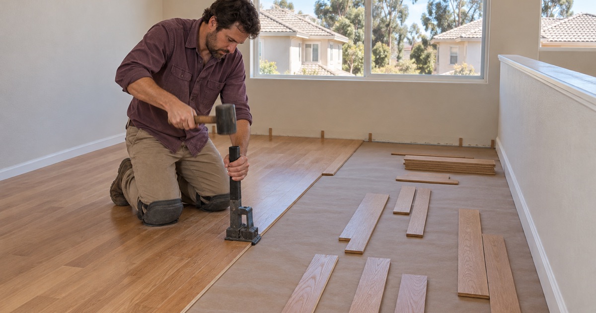 Worker driving a flooring nailer against the tongue of a new solid oak board in an upstairs loft of an Upland house.