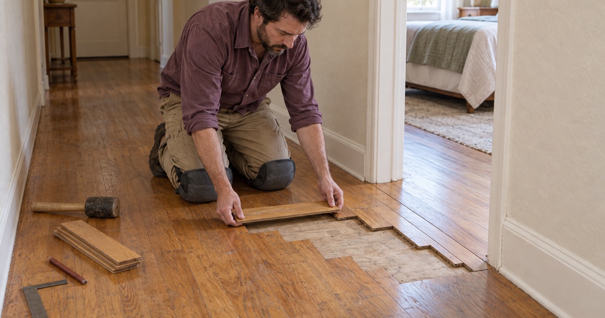 Worker weaving a new red oak strip into a staggered repair in the hallway floor of an Upland house so the joints do not line up.