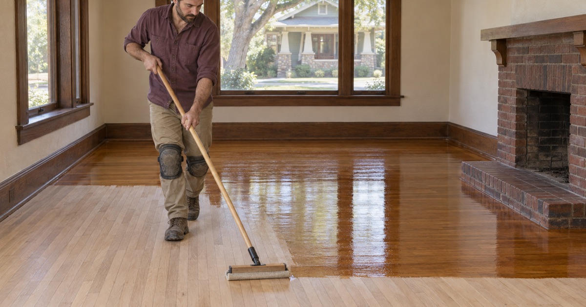 Worker drawing a finish applicator backwards across restored original oak strip flooring in a Craftsman bungalow in Upland.
