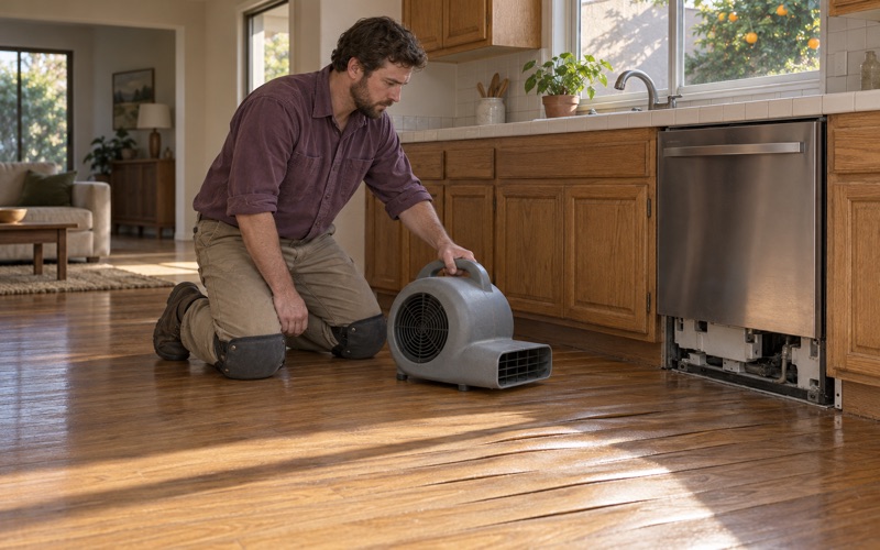 Worker setting an air mover to blow across cupped oak boards in front of a leaking dishwasher in an Upland kitchen.