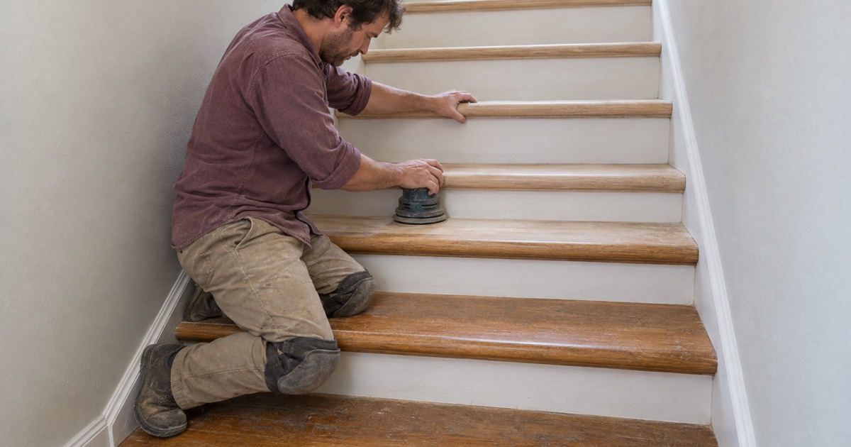 Worker hand-sanding an oak stair tread and its rounded nosing on an enclosed staircase in a two-story Upland house.