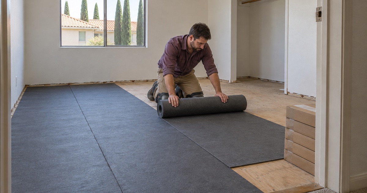 Worker unrolling underlayment across an upstairs condominium bedroom in Upland before a new wood floor goes down.