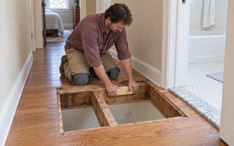 Worker fitting new lumber blocking between floor joists where damaged subfloor was cut out of an upstairs hallway in an Upland house.