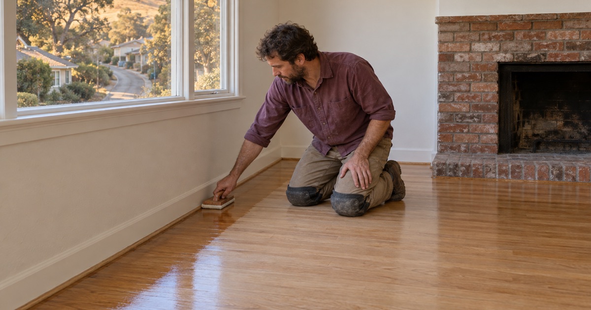 Worker finishing the edge of a refinished oak floor along the baseboard in an older house in Chino Hills, oak-covered hills beyond.