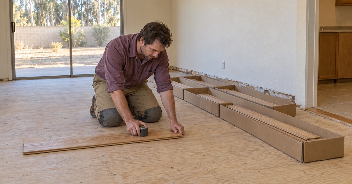 Worker pressing a moisture meter flat on a new oak board from an opened carton before installation in a 1970s house in Chino.