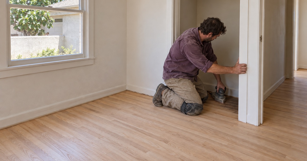 Worker sanding the closet corner of an oak bedroom floor in a small 1950s Commerce house.