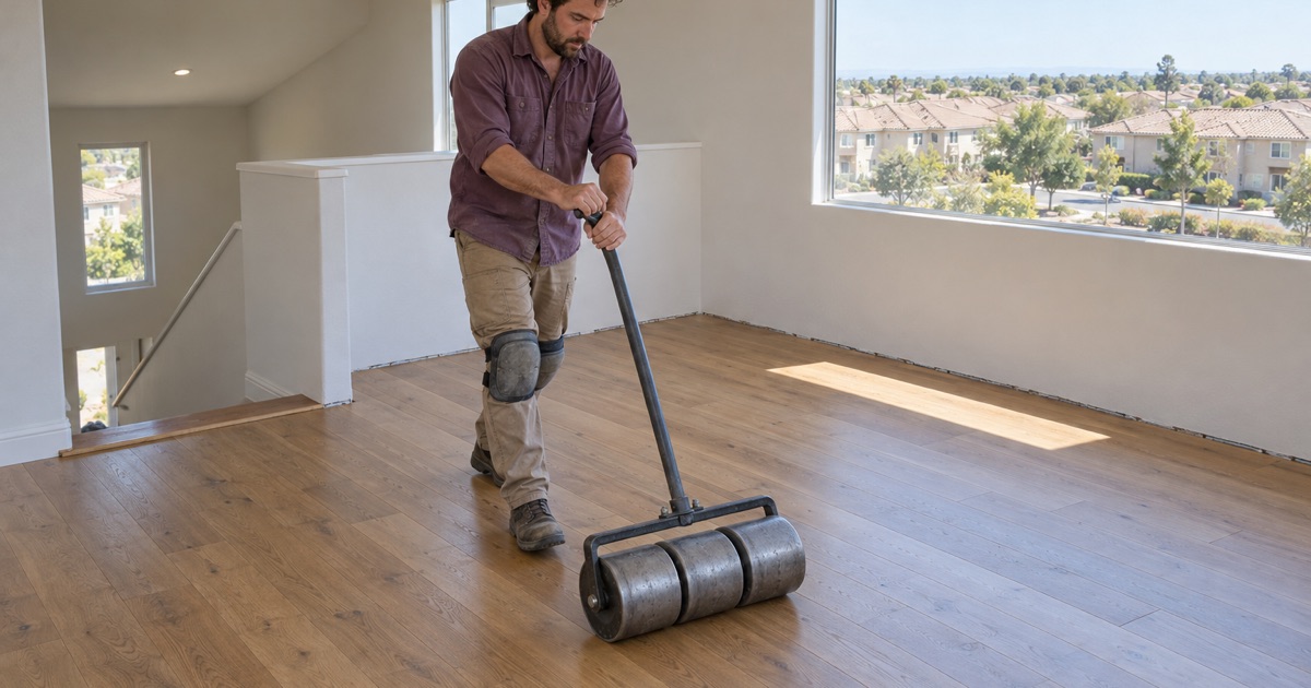 Worker rolling a weighted floor roller over new glued engineered planks in the upstairs loft of a 2000s house in Eastvale.
