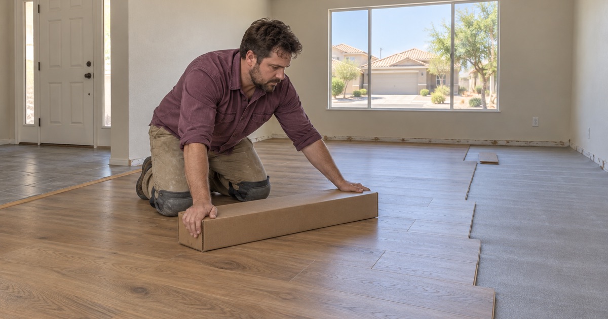 Worker sliding a carton of new engineered oak flooring across a half-laid floor in a 1990s house in Fontana.