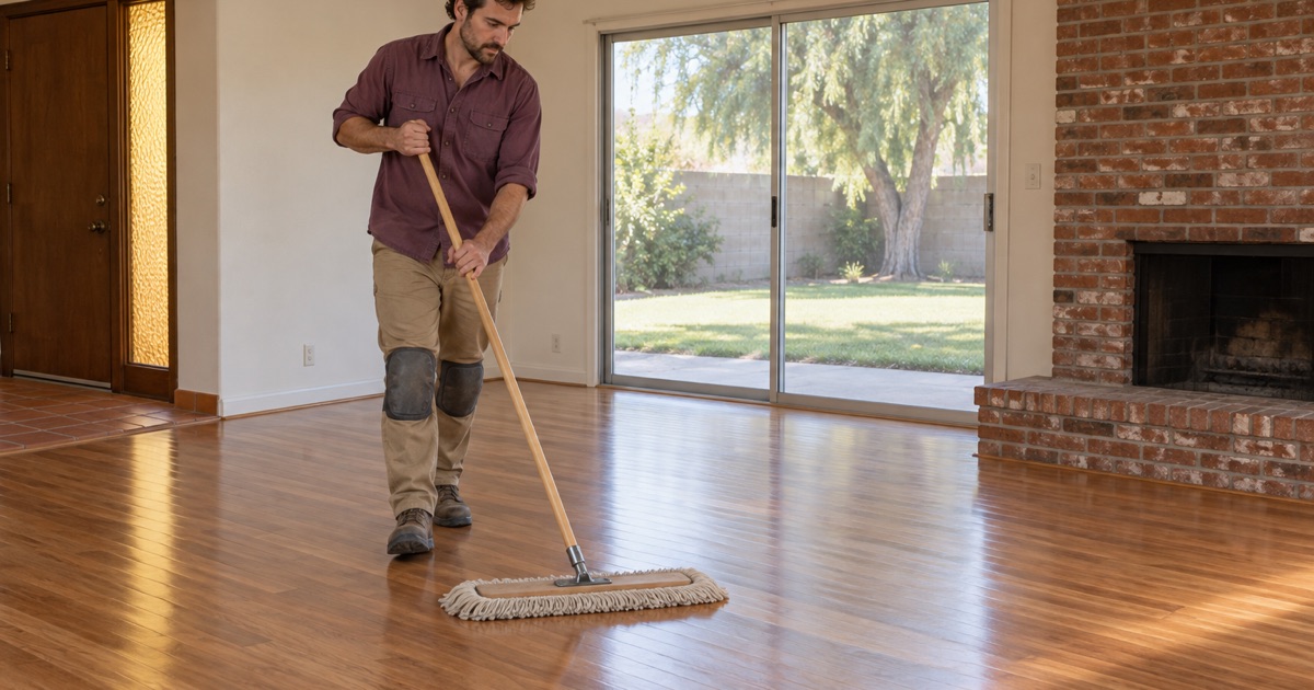 Worker dust-mopping a newly refinished original oak floor in a mid-century Glendora ranch house.