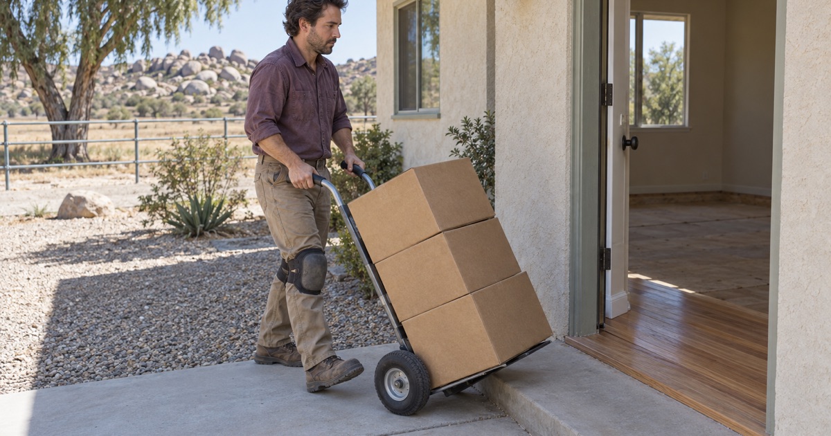 Worker wheeling cartons of new oak flooring on a hand truck up to the front door of an older ranch house in Jurupa Valley.