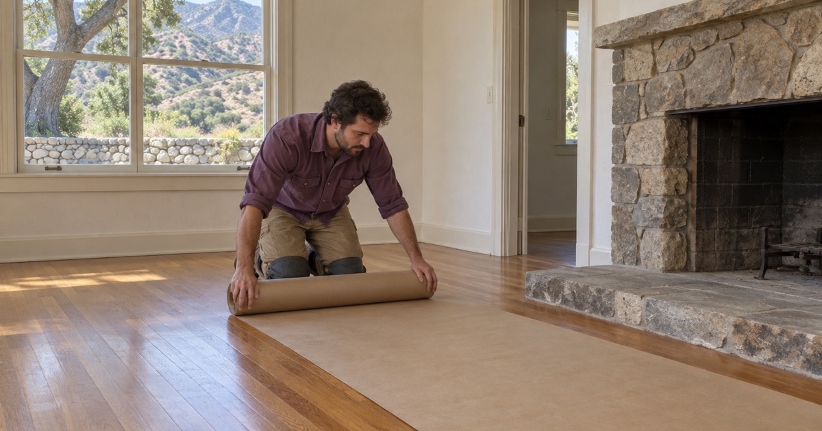 Refinished oak floor in a 1940s canyon house in Lytle Creek being papered over for protection by a floor worker.