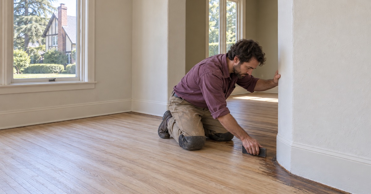 Worker hand-sanding original oak strip flooring under a rounded plaster archway in a 1920s Period Revival house in Ontario.