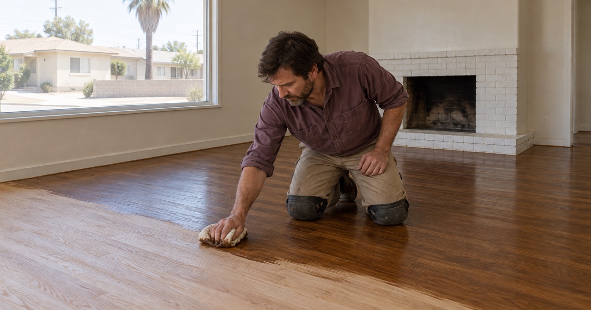 Worker wiping stain onto freshly sanded red oak strip flooring in a 1950s stucco house in Pomona.