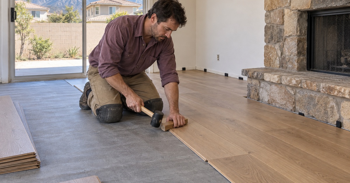 Worker seating a new engineered oak plank with a tapping block in the family room of a 1980s two-story house in Rancho Cucamonga.