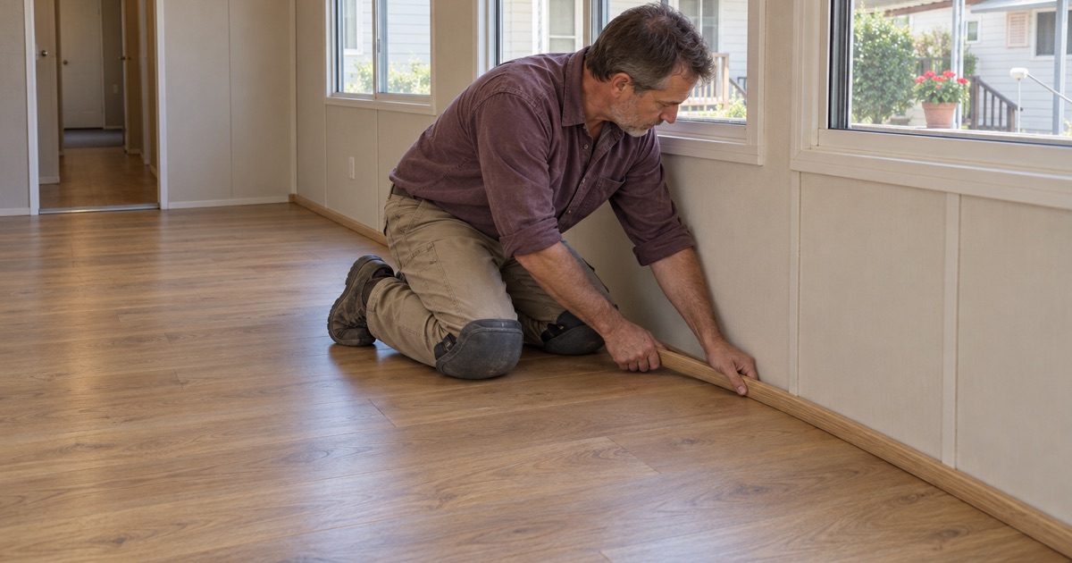 Worker trimming a new engineered oak floor with quarter round inside a mobile home in a San Dimas park.
