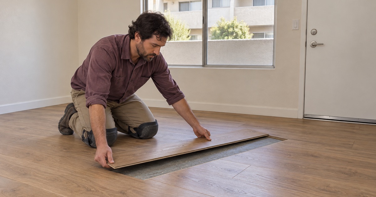 Worker clicking a replacement engineered plank into place in a rental unit in Santa Fe Springs.
