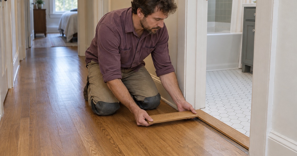 Worker fitting a flush oak threshold between a refinished hallway and a bathroom in an older Sierra Madre home.