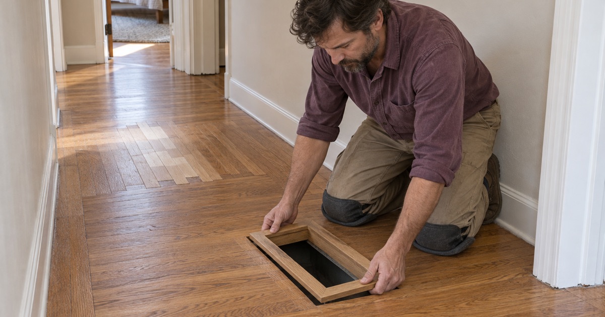 Worker setting an oak register frame after boards were patched where a duct moved in a South El Monte house.