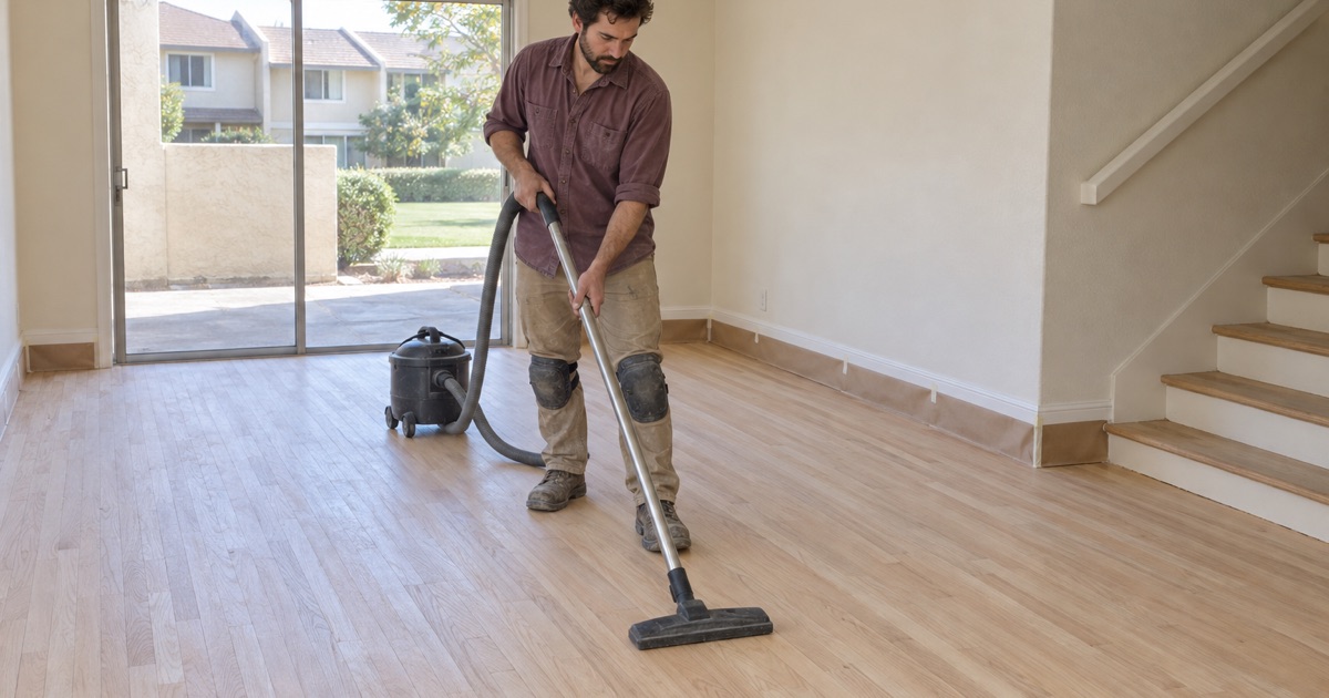 Worker vacuuming a freshly sanded oak floor between coats in a 1970s townhome in West Covina, the painted baseboards masked off.